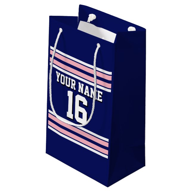 Petit Sac Cadeau Bleu marine avec rayures blanches roses Équipe Jer (Dos Angle)