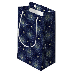 Petit Sac Cadeau Bleu minuit et astral pailleté or étoiles