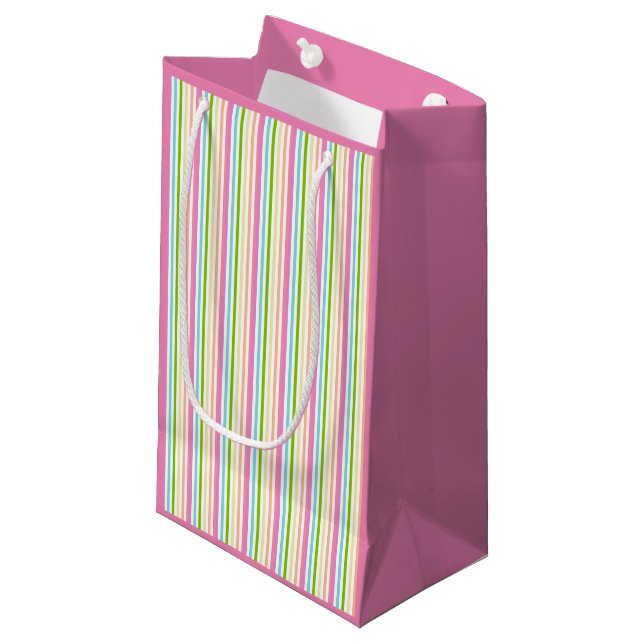 Petit Sac Cadeau Bleu rose rayé bleu vert jaune violet (Devant Angle)
