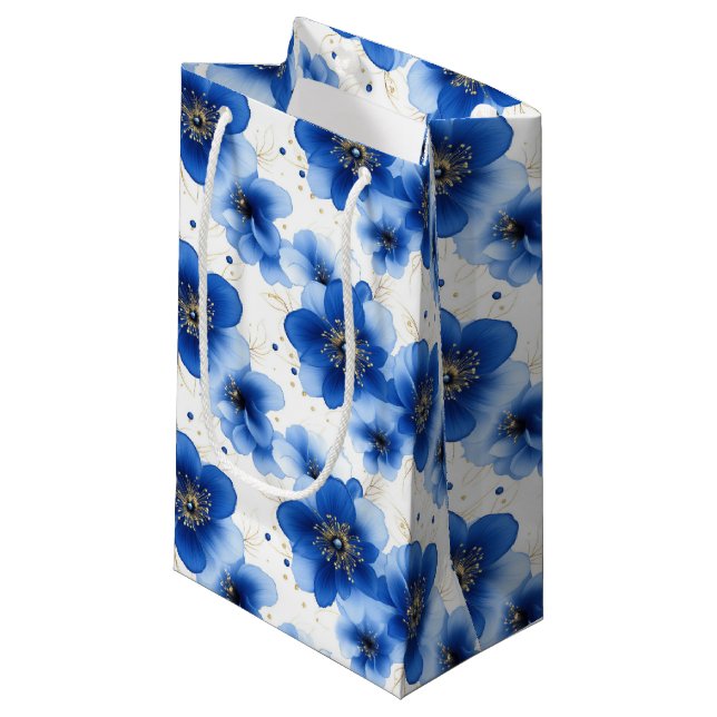 Petit Sac Cadeau Blue Floral Pattern with Gold Accents (Devant Angle)