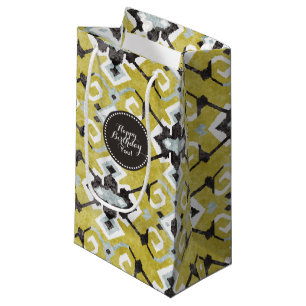 Petit Sac Cadeau Boho chic gris foncé et jaune ikat motif tribal