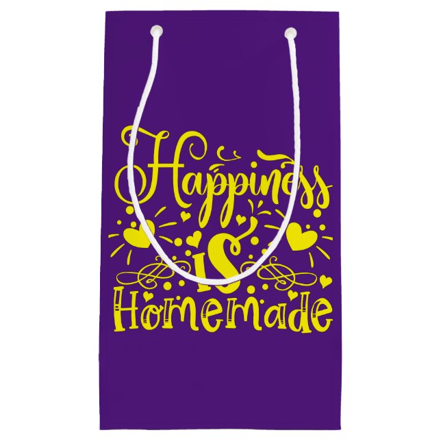 Petit Sac Cadeau Bonheur fait maison Citation violet jaune (Devant)