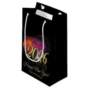 Petit Sac Cadeau Bonne année 2026 Feux d'artifice Or