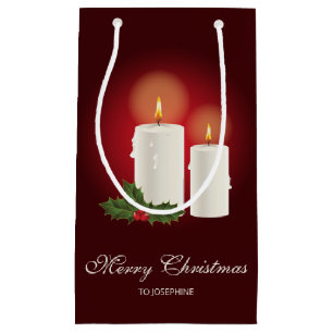 Petit Sac Cadeau Bougies de Noël blanches sur fond rouge avec texte