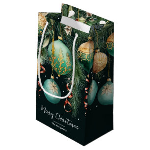 Petit Sac Cadeau Boules de Noël élégantes dorées et vertes pour sap