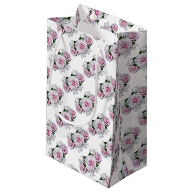 Petit Sac Cadeau Bouquet de roses roses (Devant Angle)