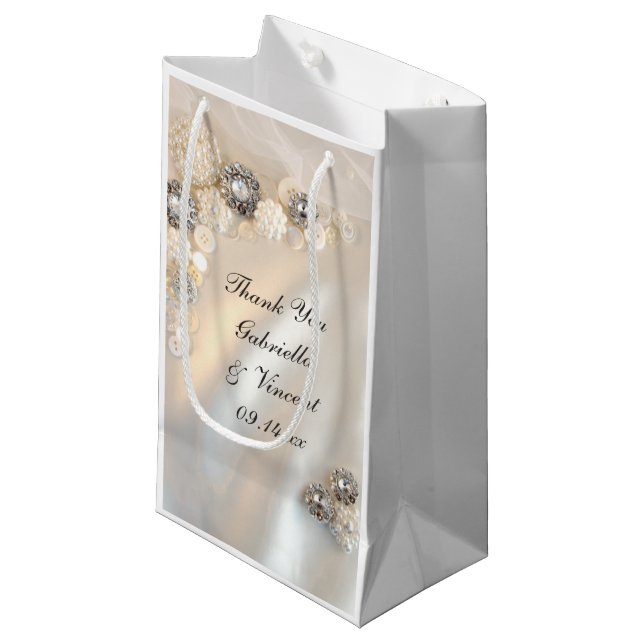 Petit Sac Cadeau Boutons Faux Pearl et Diamond Mariage Merci (Devant Angle)
