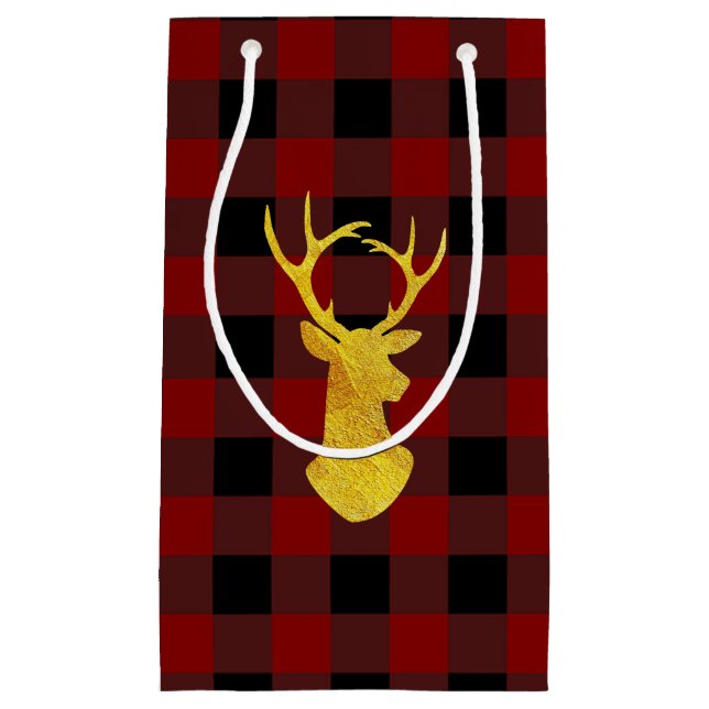 Petit Sac Cadeau Buffalo Plaid Gold Foil Christmas Deer (Devant)