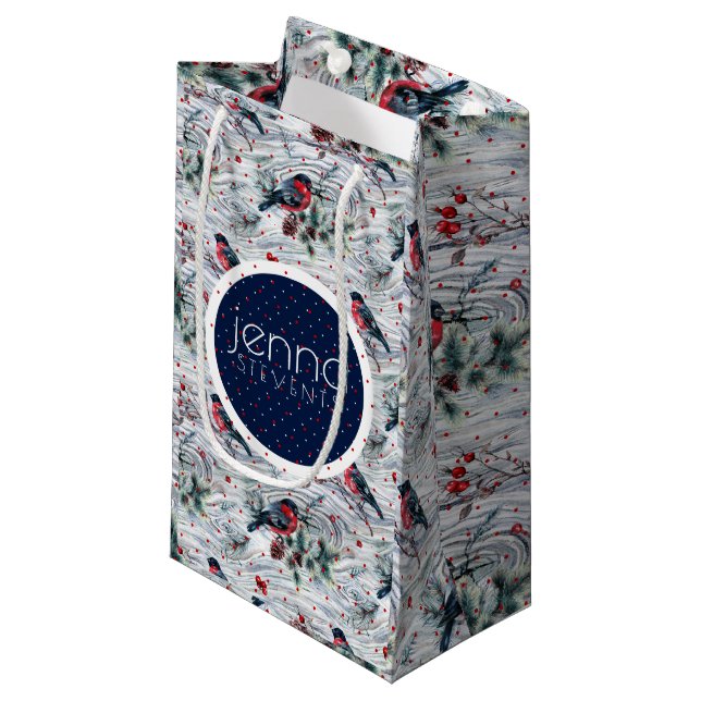 Petit Sac Cadeau Bull-finch & Christmas Berries Motif (Devant Angle)