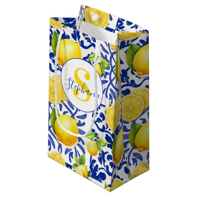 Petit Sac Cadeau Carrelage Citron Bleu Blanc Nom Monogramme Citron (Devant Angle)