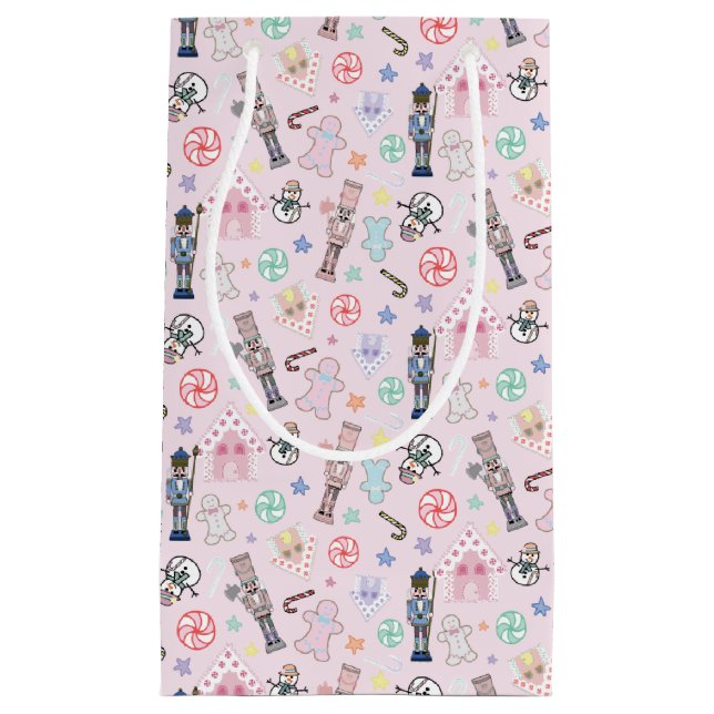 Petit Sac Cadeau Casse-noix rose, pain d'épices et neigeurs  (Devant)