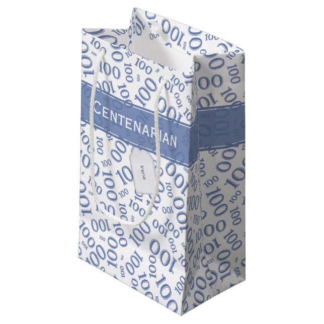 Petit Sac Cadeau Centenarian 100th Blue Random Number Motif (Devant Angle)