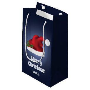 Petit Sac Cadeau Chapeau de Santa Festif Rouge sur Fond Bleu avec T