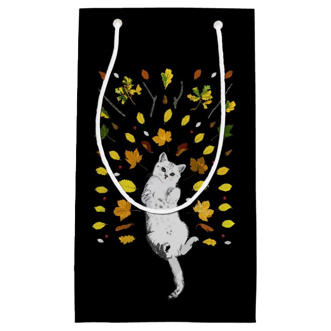Petit Sac Cadeau Chat blanc avec illustration des feuilles de chute (Devant)