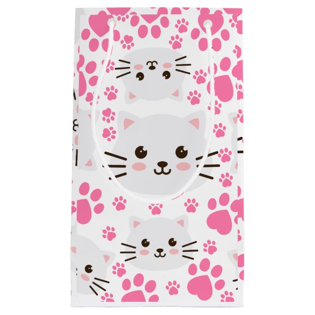 Petit Sac Cadeau Chat blanc mignon et rose (Devant)