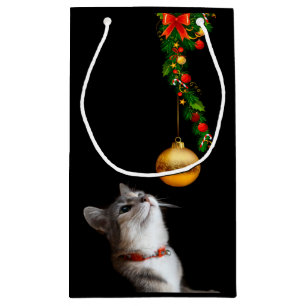 Petit Sac Cadeau Chat curieux de minou de Noël