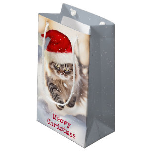 Petit Sac Cadeau Chat de Noël Maine Coon dans la neige