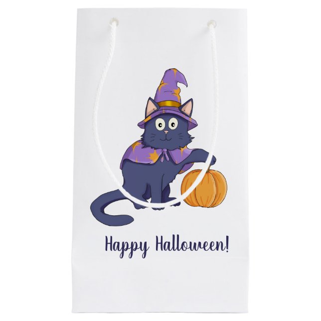 Petit Sac Cadeau Chat d'Halloween avec Citrouille (Devant)