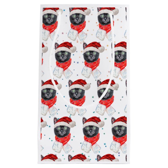 Petit Sac Cadeau Chat noir de Noël avec écharpe rouge (Devant)