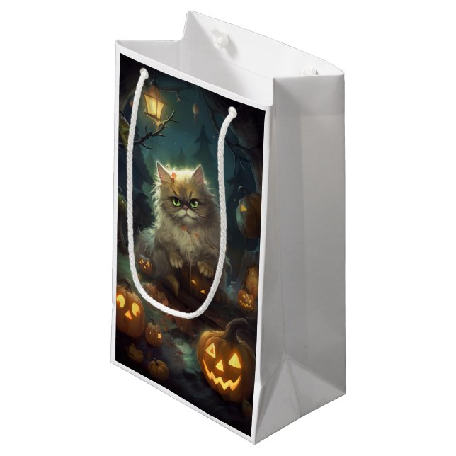 Petit Sac Cadeau Chat perse d'Halloween avec effroi Citrouille (Devant Angle)
