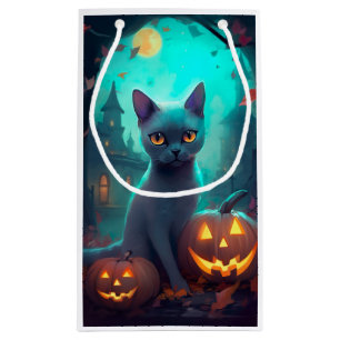 Petit Sac Cadeau Chat Russe Bleu Halloween Avec Citrouilles Effraya