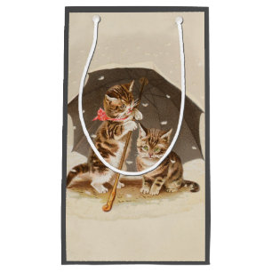 Petit Sac Cadeau Chatons vintage sous parapluie art de chat antique