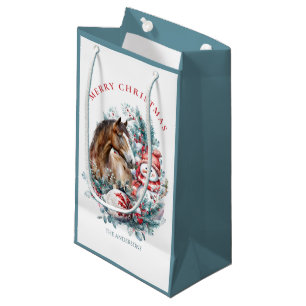 Petit Sac Cadeau Cheval bonhomme de neige aquarelle de Noël élégant