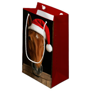 Petit Sac Cadeau Cheval de Noël dans la fenêtre de l'écurie