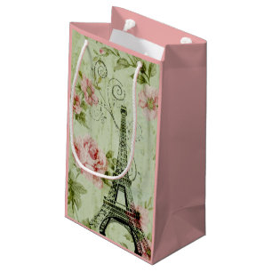 Petit Sac Cadeau chic tour de paris fleuris rose à la menthe de pr