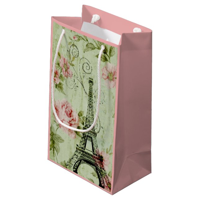 Petit Sac Cadeau chic tour de paris fleuris rose à la menthe de pri (Dos Angle)