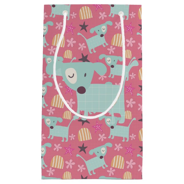 Petit Sac Cadeau Chiens, étoiles et fleurs (Devant)