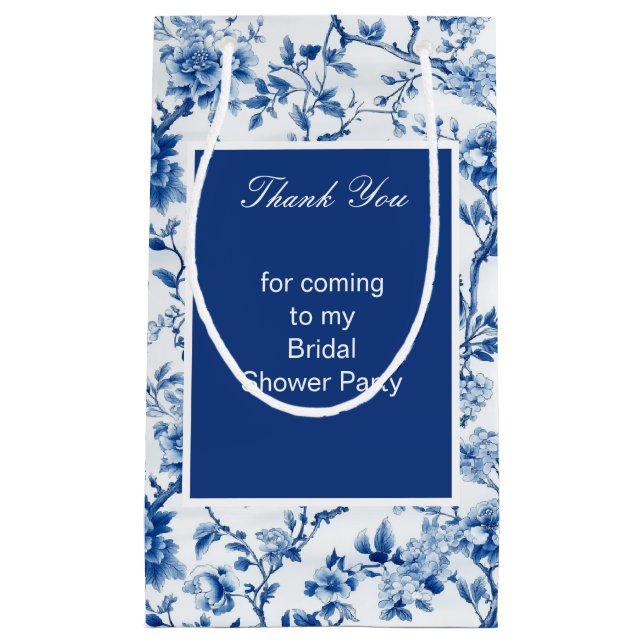 Petit Sac Cadeau Chinoiserie Oiseaux bleus et Fleurs Baby Shower (Devant)