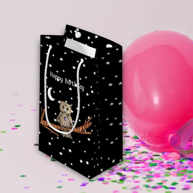 Petit Sac Cadeau Chouette d'anniversaire Crystal Collier Branche Lu (Brown owl tree branch purple crystal necklace moon stars on black Birthday gift bag.)