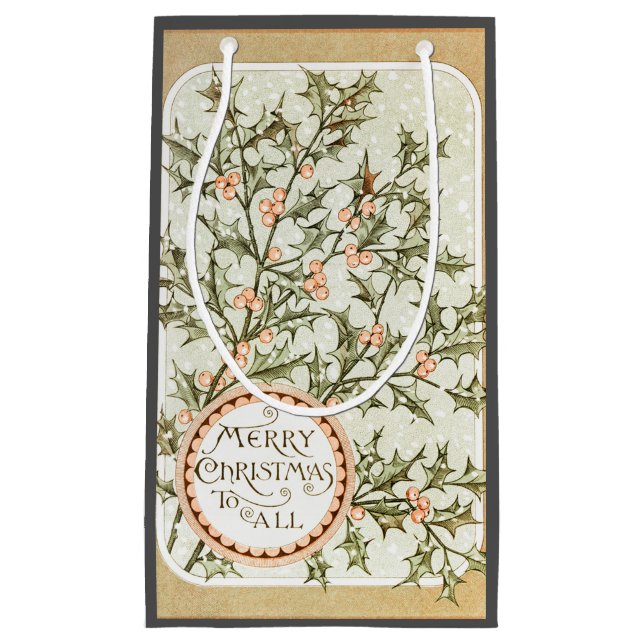 Petit Sac Cadeau Christmas Holly Jolie Antique Salutation (Devant)