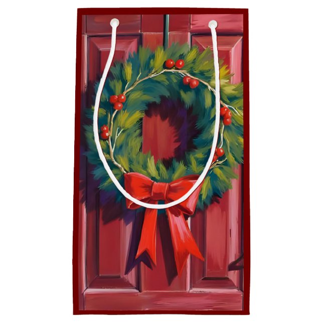 Petit Sac Cadeau Christmas Wreath Red Door Watercolor (Devant)