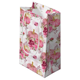 PETIT SAC CADEAU CHUTE ROSE AUTOMNE CITROUILLES & FLEURS DE COULEUR
