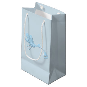 Petit Sac Cadeau Cigogne bleue livrant le garçon