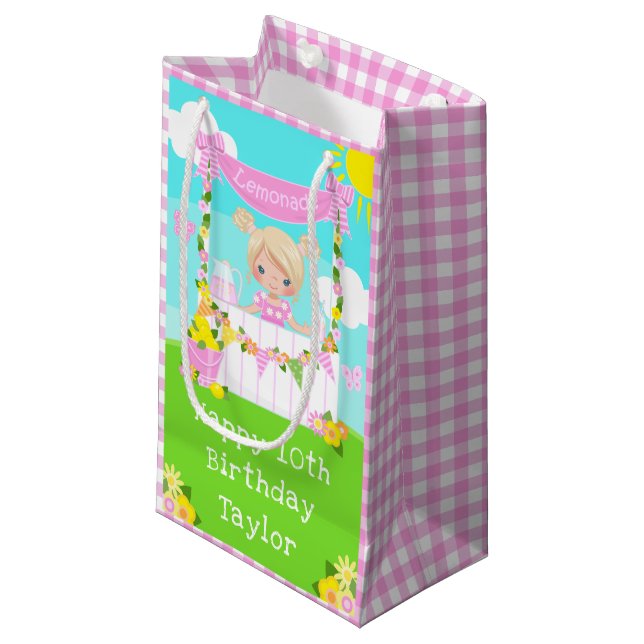 Petit Sac Cadeau Citronade rose Blonde Hair Girl Joyeux Anniversair (Devant Angle)