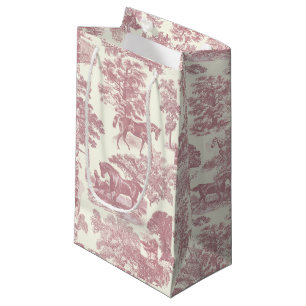 Petit Sac Cadeau Classe Élégant Chic Rose Poneys Toile de Jouy Camp