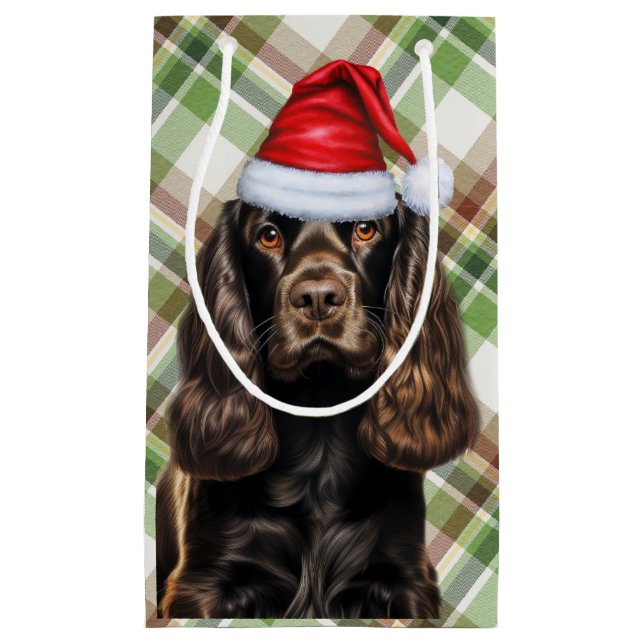 Petit Sac Cadeau Cocker Spaniel au Chocolat à Carreaux de Noël Chie (Devant)