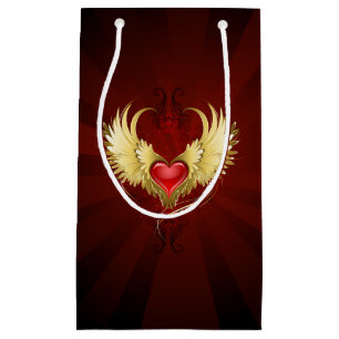 Petit Sac Cadeau Coeur rouge avec ailes d'or