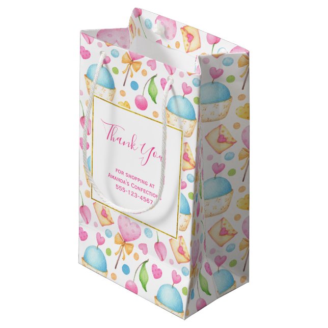 Petit Sac Cadeau Coeurs et Cupcakes Watercolor Motif Business (Devant Angle)