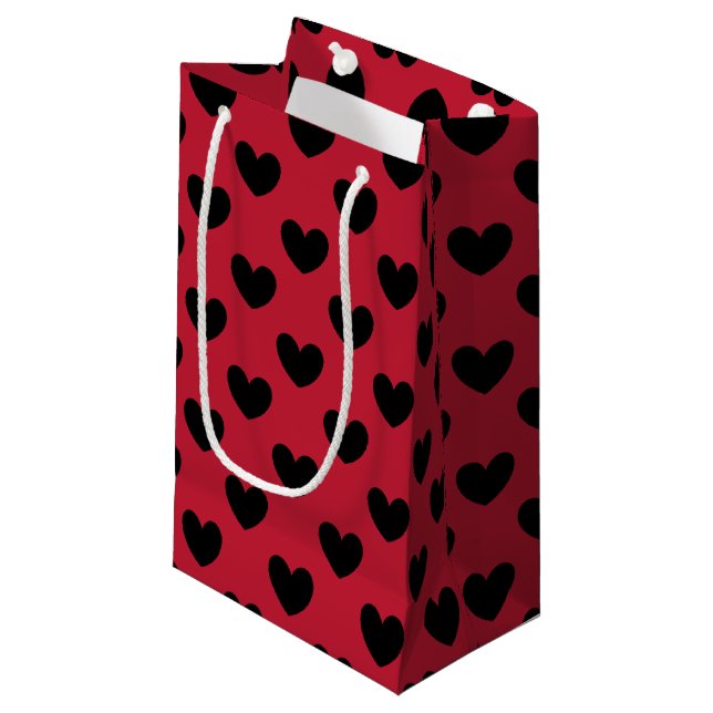 Petit Sac Cadeau Cœurs pois noirs sur fond rouge (Devant Angle)