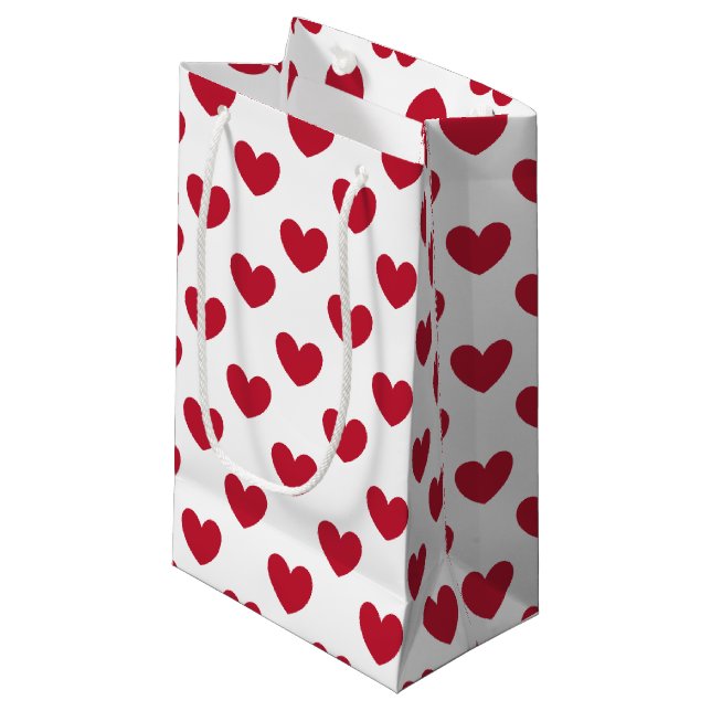 Petit Sac Cadeau Coeurs polka rouge sur blanc (Devant Angle)