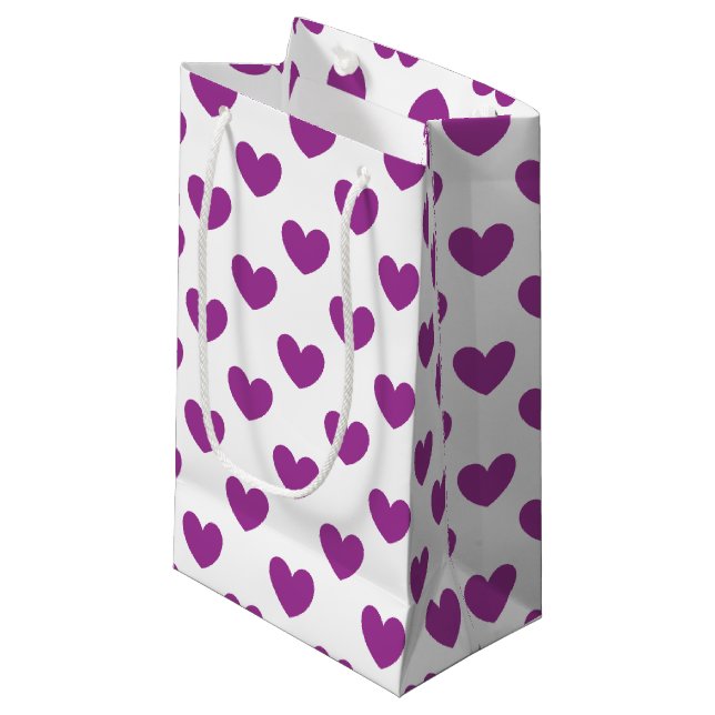 Petit Sac Cadeau Coeurs polka violet sur blanc (Devant Angle)