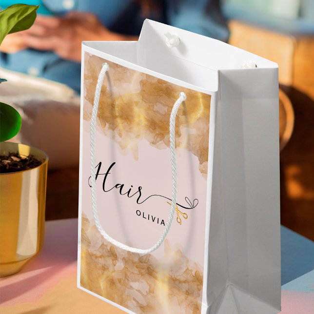 Petit Sac Cadeau Coiffeur Élégant Ciseaux Dorés Coiffeuse Rose (Créateur téléchargé)