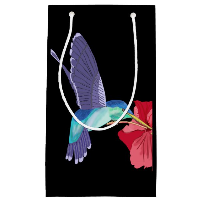 Petit Sac Cadeau Colibri bleu et vert et Hibiscus rouge (Devant)