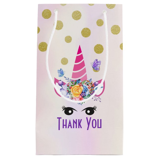 Petit Sac Cadeau Confetti rose unicorne tendance et Merci de fleurs (Devant)