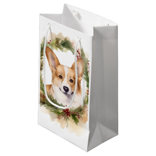 Petit Sac Cadeau Corgi Christmas Wreath Festive Pup (Devant Angle)