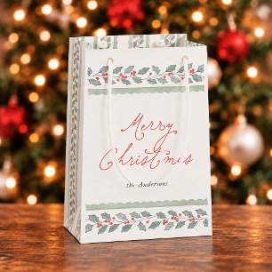 Petit Sac Cadeau Cottagecore Aquarelle Holly Joyeux Noël